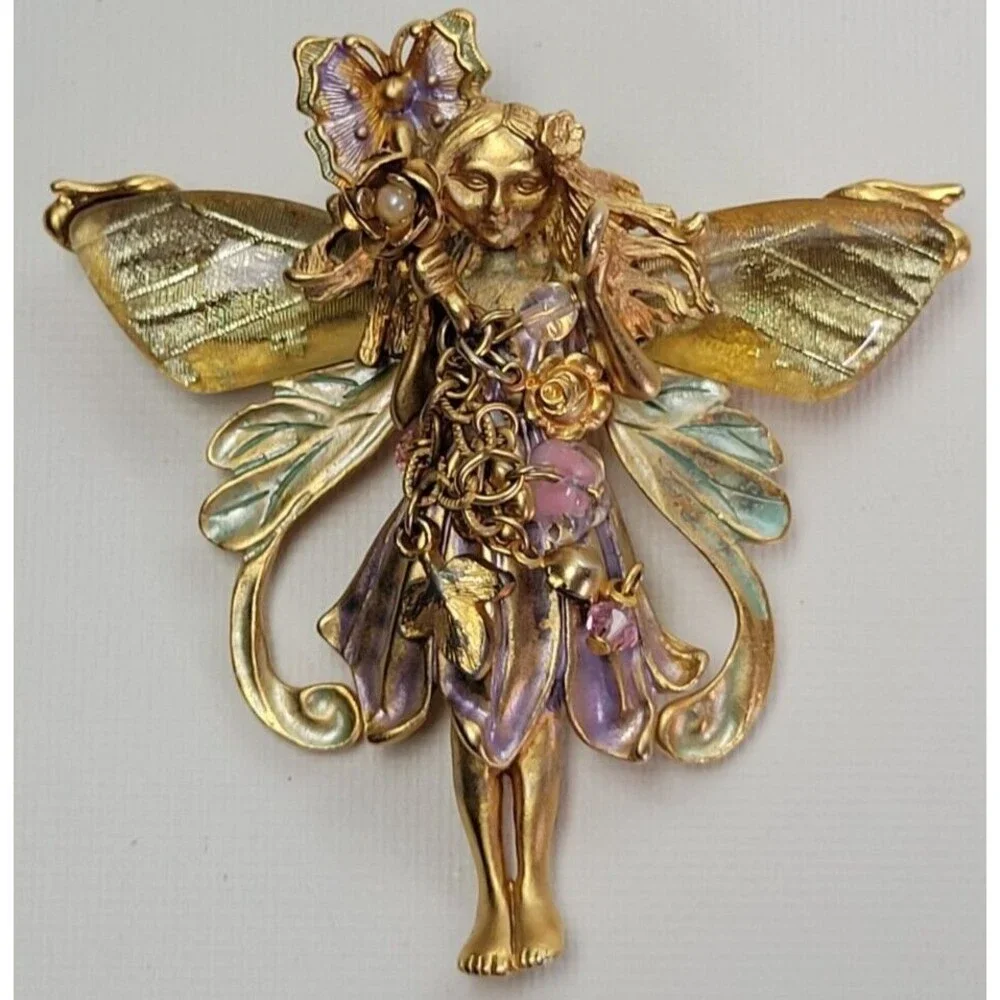 Vtg Kirk's Folly Enamel Primrose Flower Magic Garden Fairy Brooch‎ Pin Pendant